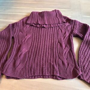 Cable Knit Turtleneck Sweater - Burgundy - Deep Plum